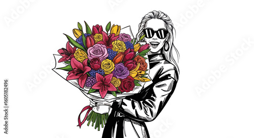 Happy woman with bouquet celebrating with flowers. This beautiful floral gift brings joy to her face and shows the flowers’ appeal. Happy woman with bouquet enjoying flowers for special occasion.