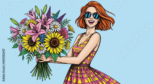 Cheerful woman with a bright bouquet of flowers. Bright bouquet of flowers brings joy to red haired woman with sunglasses and dress, conveying happiness and celebration.