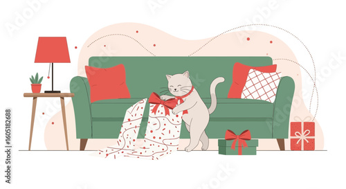 Playful Feline Unwrapping Christmas Gift by Cozy Couch in Festive Living Room