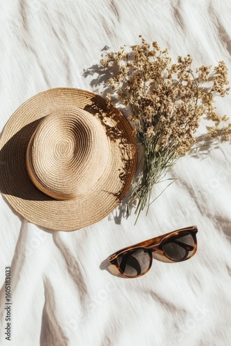 Beautiful Summer Hat With Sunglasses and Dried Flowers on Soft Fabric Backgro...