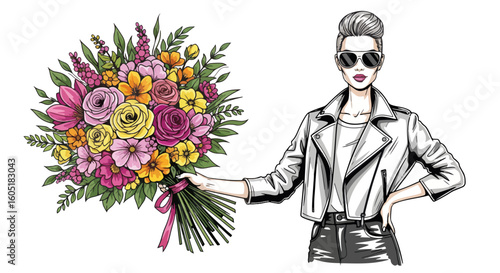 Flowers bouquet held by fashionable woman in leather jacket, presented in full color. Flowers bouquet adds a touch of elegance and romance to her stylish look,
