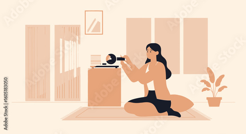 Woman At Home Enjoying Projecting Film In Relaxing Warm And Minimalist Room