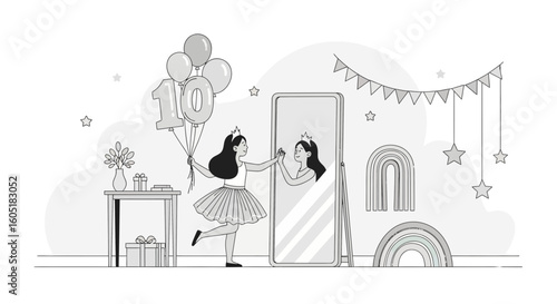 Tenth Birthday Girl Celebrates With Reflection Balloons And Party Decorations