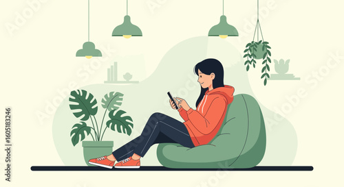 Relaxing Woman Using Phone On Beanbag Chair In Cozy Modern Living Room