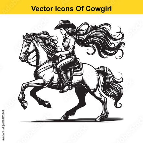 Wallpaper Mural Cowgirl Riding Horse with Braid and Blowing Hat – Western Line Art Vector Torontodigital.ca