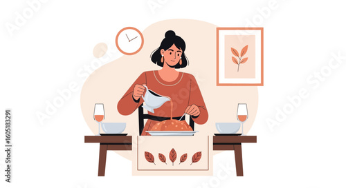 Woman At Thanksgiving Dinner Pouring Gravy Over Food Illustration