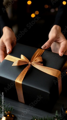 Elegant Black Gift Box Wrapped With Gold Ribbon in a Cozy Setting During a Fe...