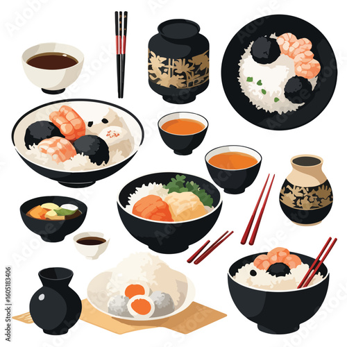 Japanese Donburi Bowl vector Set