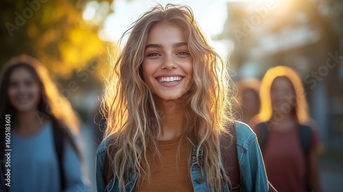 Young Woman Smiling Confidently While Walking With Friends During Sunset in a...