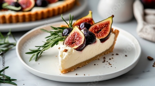 Delicious Cheesecake Topped With Fresh Figs and Berries on a White Plate