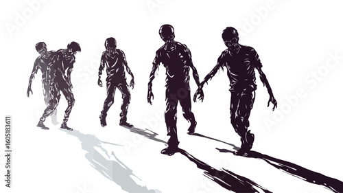 Creepy Zombies Walking on White Background - Spooky 3D Illustration