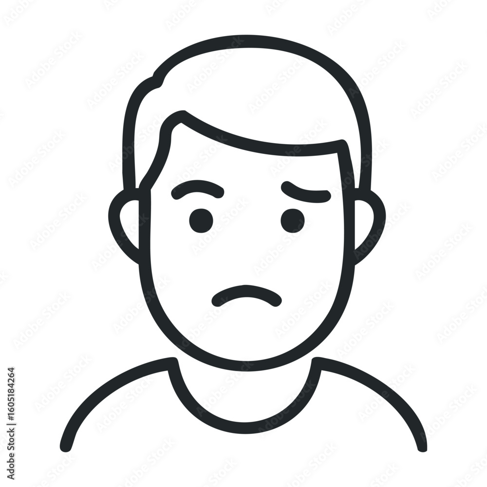 Concerned young caucasian male emoji with sad expression. Vector illustration Concerned young caucasian male emoji with sad expression. Vector illustration