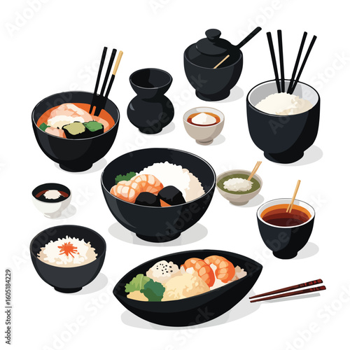 kimchi jar, rice bowl, bibimbap bowl, chopsticks, seaweed sheet, and hot pot