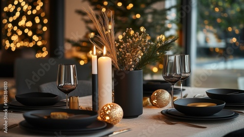 Elegant Dining Table Setup for a Festive Celebration in a Cozy, Warmly Lit Se...