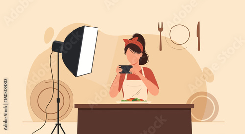 Woman Capturing Food Photo With Phone In Studio Setting With Lighting