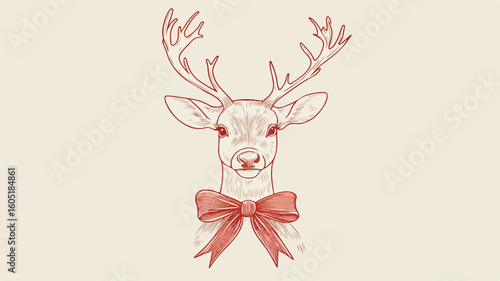 Adorable Female Reindeer Outline with Festive Ribbon Bow Animation
