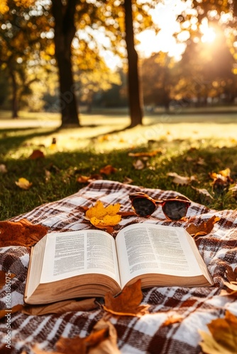 Relaxing With a Book in a Sunlit Park Surrounded by Autumn Leaves and a Cozy ...