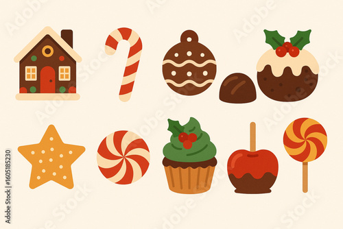 Set of Christmas Sweet Treat Icons in Flat Vector Style