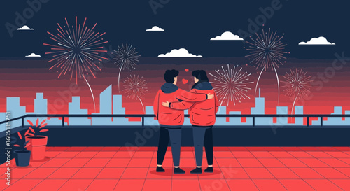 Romantic Couple Embracing On Rooftop Enjoying Fireworks Display Over City Skyline