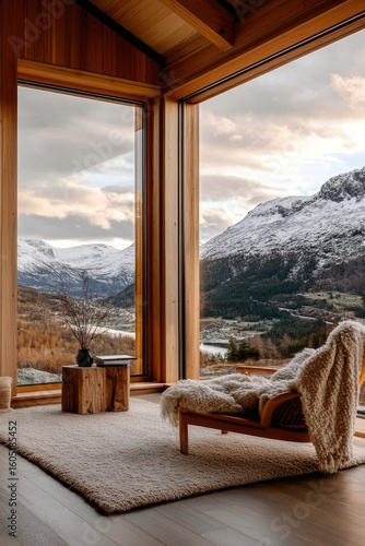 Cozy Bedroom With Mountain View at Dusk in Norway.