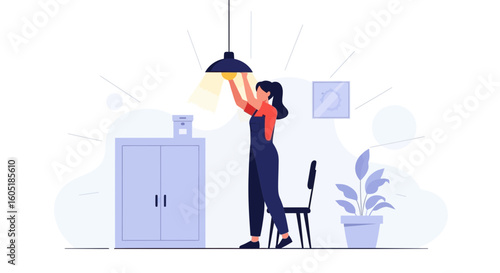 Woman Changing Lightbulb In Office Room Helping With Energy Efficiency