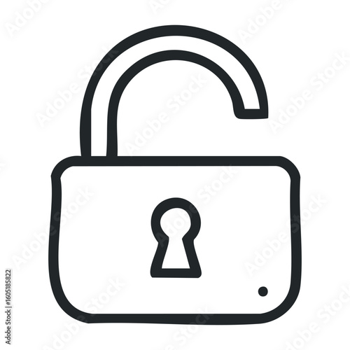 Simple black outline of an open padlock icon on white background. Vector illustration