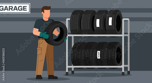 Tire Shop Worker Inspecting Car Tires in Auto Repair Garage