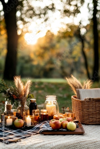 Cozy Outdoor Gathering at Sunset Featuring Candles, Apples, and Rustic Decor
