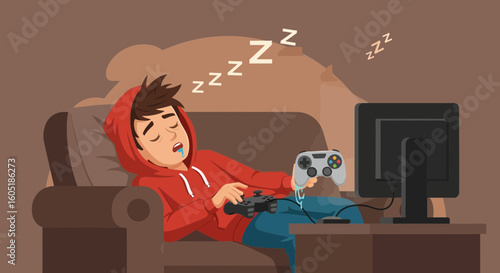 Tired Gamer Napping on Couch After Intense Gaming Session with Controller
