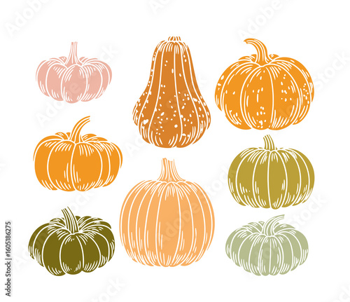Set of original hand-drawn illustrations of autumn Halloween pumpkins in a minimalist style. for posters, cards, and graphic design.