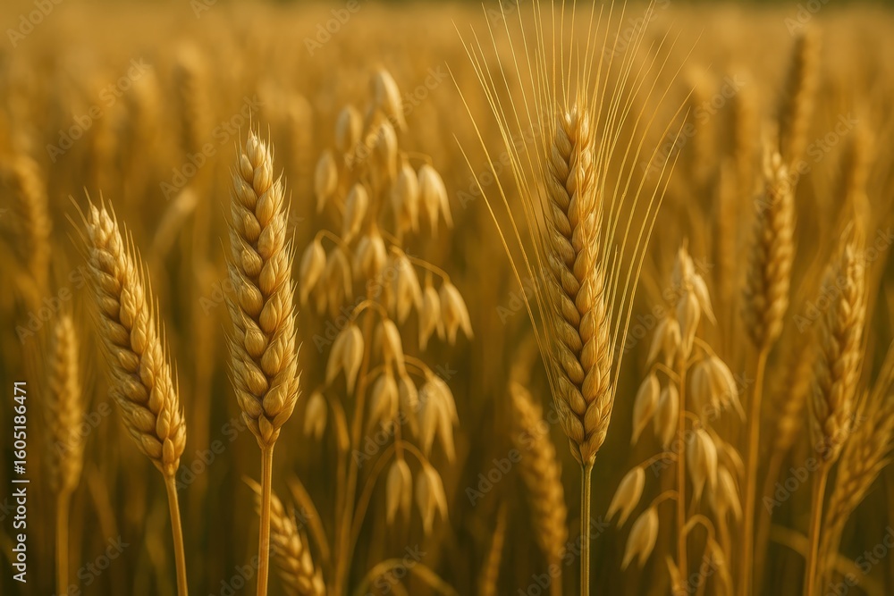 Fototapeta premium Golden wheat stalks ready for harvest in agricultural field setting