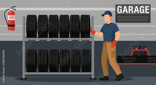 Tire Technician Working In Automotive Garage Performing Maintenance Job