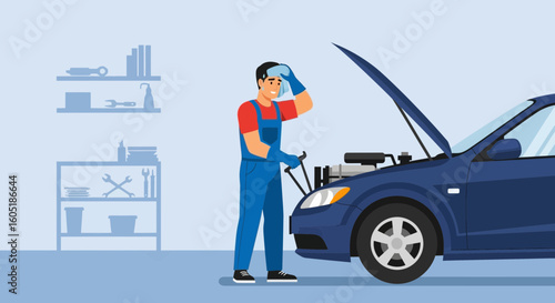 Tired Mechanic Working on Car Engine Repair in Auto Repair Shop
