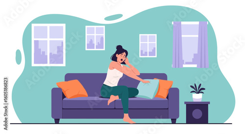 Tired Woman On Couch Yawning Wake Up In The Morning Relaxing
