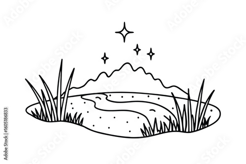 Grassland Island With Sparkling Stream And Blue Sky