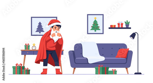 Tired Santa Claus Having A Rest Day After Delivery of Christmas Gifts