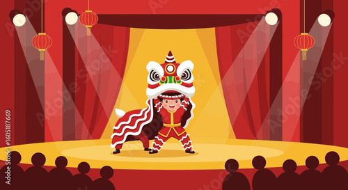 Traditional Chinese Lion Dance Performance On Stage With Red Curtains