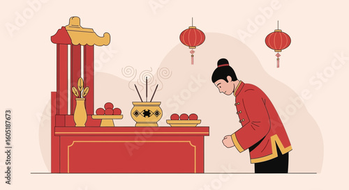 Traditional Chinese New Year Blessing Ceremony With Red Lanterns Decoration