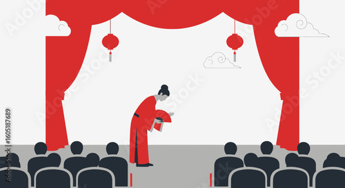 Traditional Chinese Theatrical Performance With Bowing Artist And Red Stage