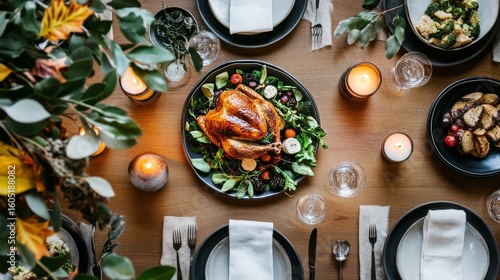 Festive Dinner Table Setting With Roasted Turkey and Seasonal Side Dishes in ...