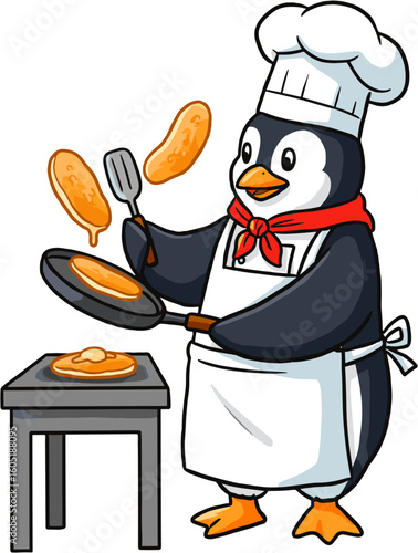 A penguin chef joyfully flipping pancakes.