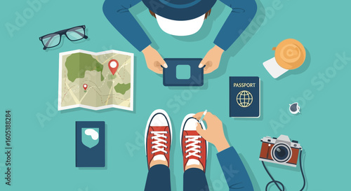 Traveler Planning A Vacation Trip With Passport Camera And Route Map Top View