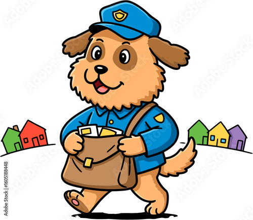 A delightful illustration of a cheerful dog in a postal uniform delivering mail.