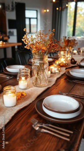 Elegant Dining Table Setup With Candles and Floral Arrangements in a Cozy Set...