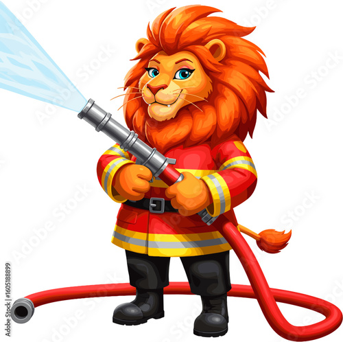 A brave lion firefighter confidently holding a water hose, ready to extinguish flames.