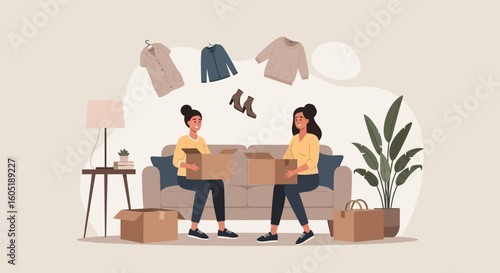 Two Cheerful Women Sorting Clothes into Boxes at Home or During Online Shopping