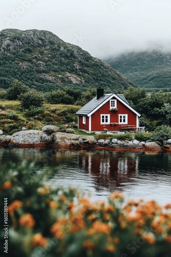 Scenic Lakeside Cottage Surrounded by Mountains and Flowers in a Tranquil Lan...