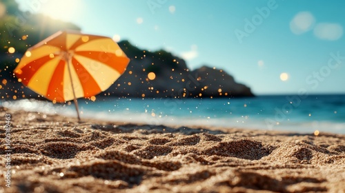 Bright Beach Umbrella on Sandy Shore With Shimmering Ocean Waves and Clear Bl...