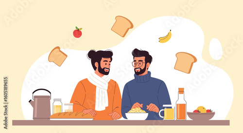 Two Male Friends Sharing Breakfast, Healthy Food, Enjoying Morning Together