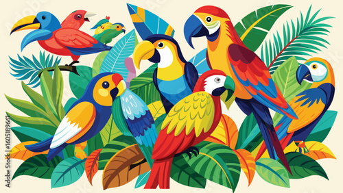 Colorful parrots and tropical foliage macaw toucan